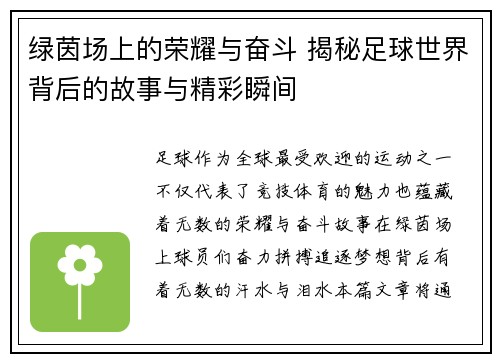 绿茵场上的荣耀与奋斗 揭秘足球世界背后的故事与精彩瞬间